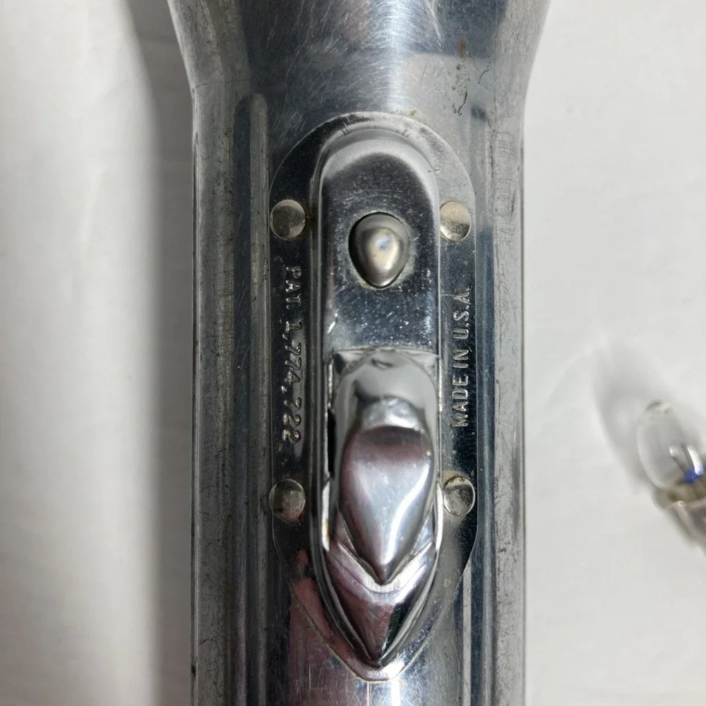 Vintage Rayovac Flash Light Silver Bullet Torpedo Style 8 in w/ extra Bulb FLAWS